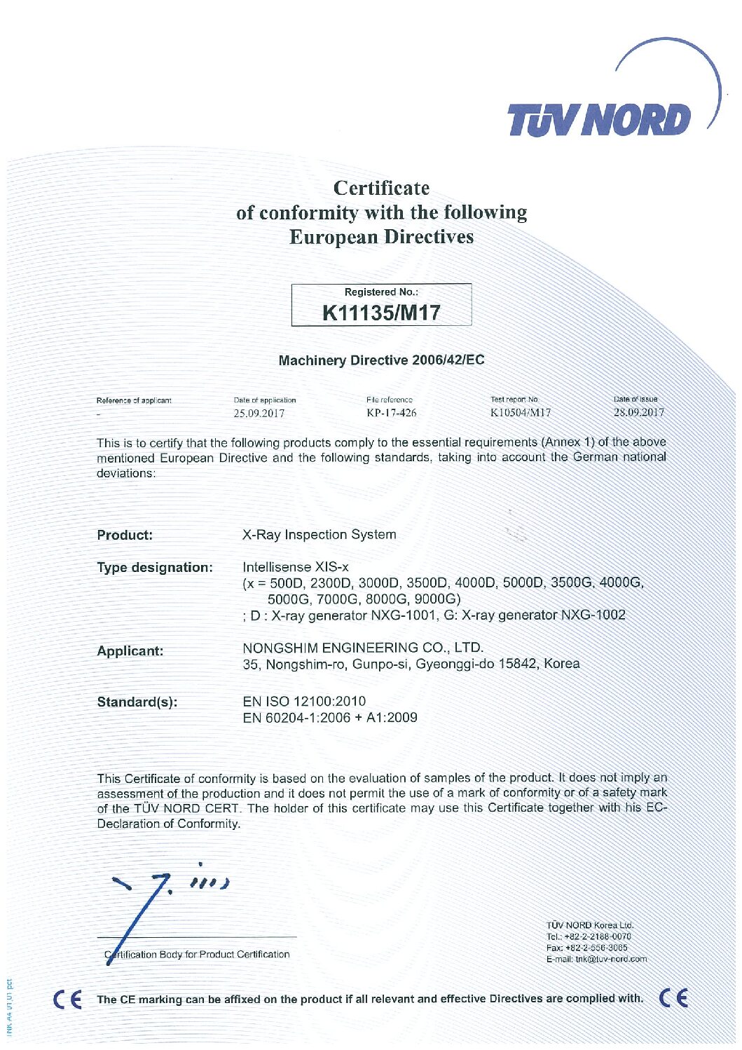 CE Certificate K11135 M17